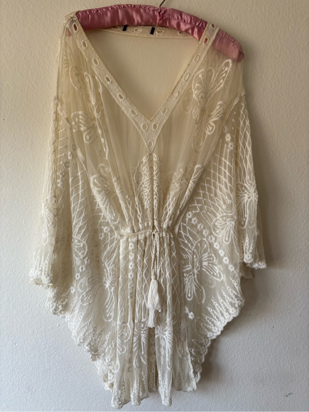 Sheer Ivory Embroidered Lace Tunic with Tassel Tie Summer Bikini cover up